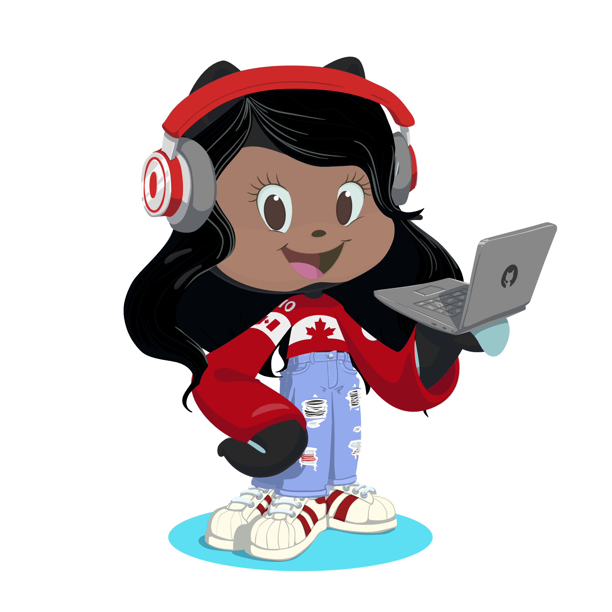 octocat de Larissa Andrade com roupa despojada, blusa vermelha e calça jeans, ela está com fone de ouvido e segurando um notebook